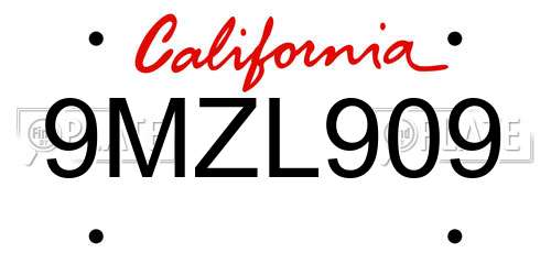9MZL909 California License Plate