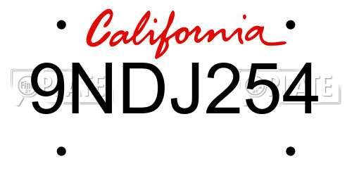9NDJ254 California License Plate