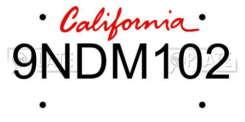 9NDM102 California License Plate