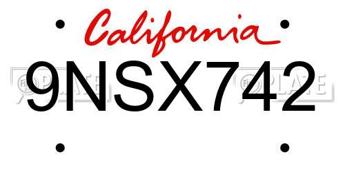9NSX742 California License Plate