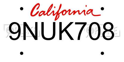 9NUK708 California License Plate