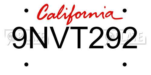 9NVT292 California License Plate