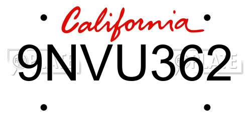 9NVU362 California License Plate