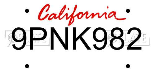 9PNK982 California License Plate