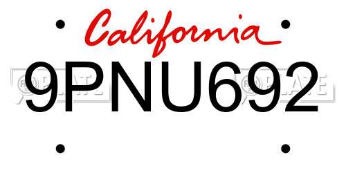 9PNU692 California License Plate