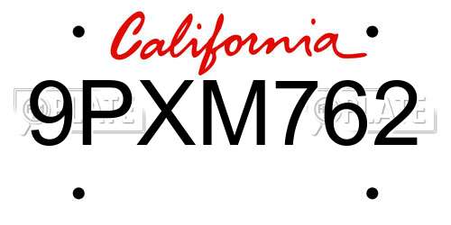 9PXM762 California License Plate