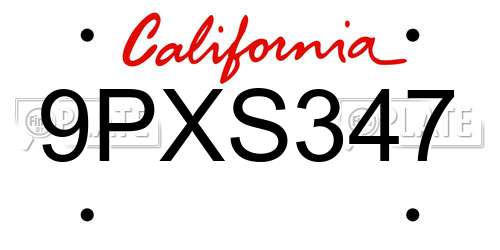 9PXS347 California License Plate