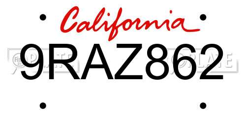 9RAZ862 California License Plate