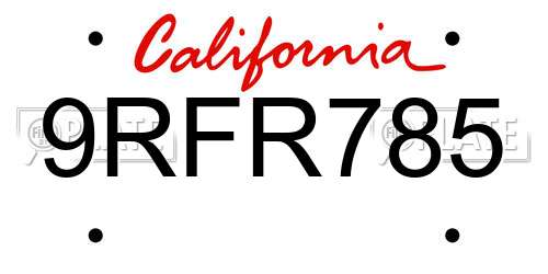 9RFR785 California License Plate