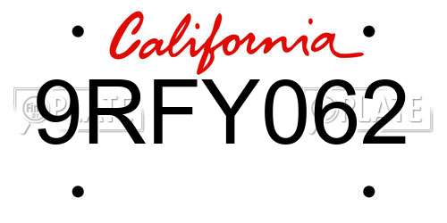 9RFY062 California License Plate