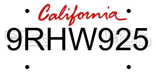 9RHW925 California License Plate