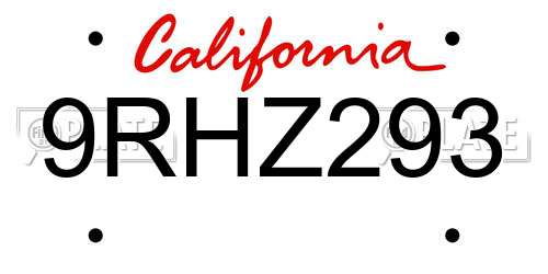 9RHZ293 California License Plate
