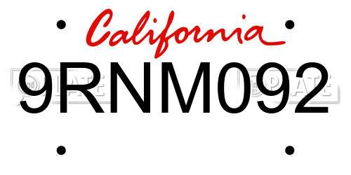 9RNM092 California License Plate