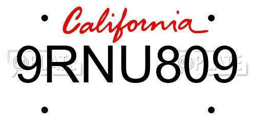 9RNU809 California License Plate