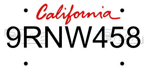 9RNW458 California License Plate
