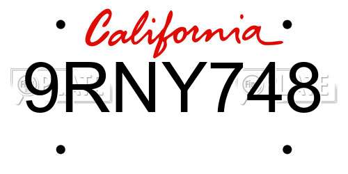 9RNY748 California License Plate
