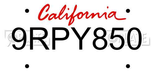 9RPY850 California License Plate