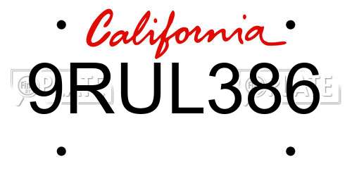 9RUL386 California License Plate