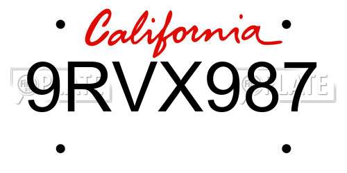 9RVX987 California License Plate