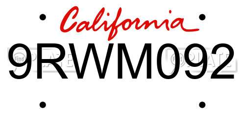 9RWM092 California License Plate