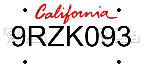 9RZK093 California License Plate