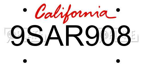 9SAR908 California License Plate