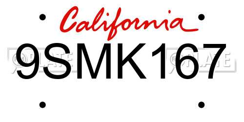 9SMK167 California License Plate