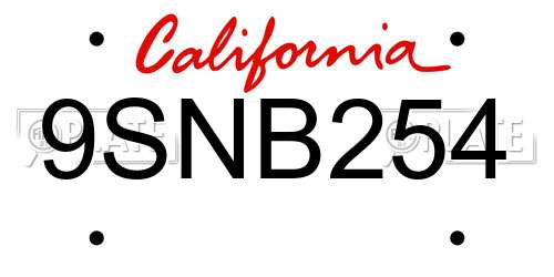 9SNB254 California License Plate