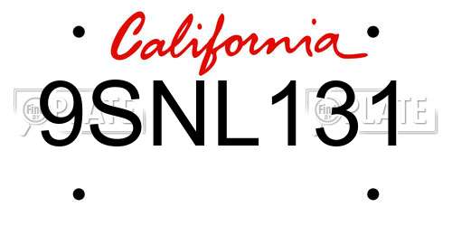 9SNL131 California License Plate