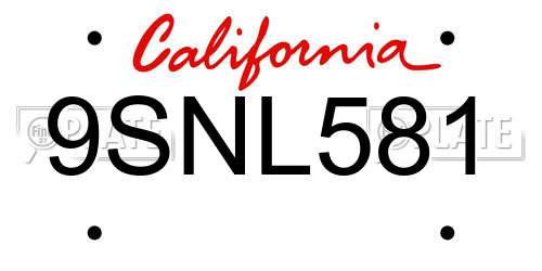 9SNL581 California License Plate