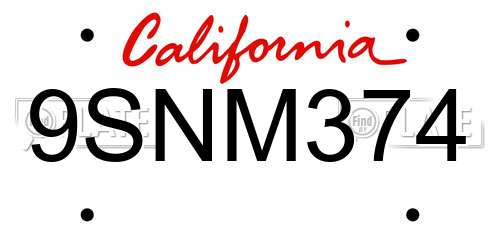 9SNM374 California License Plate
