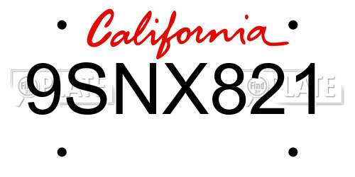 9SNX821 California License Plate