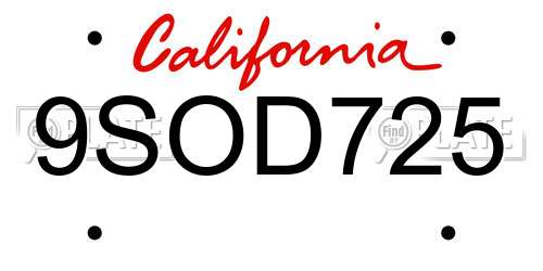 9SOD725 California License Plate