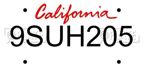 9SUH205 California License Plate