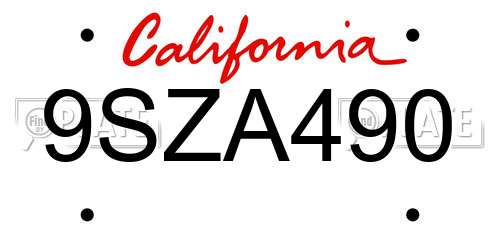 9SZA490 California License Plate