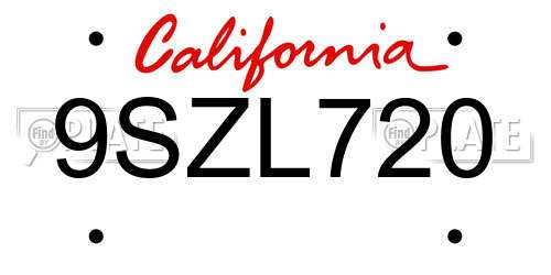 9SZL720 California License Plate