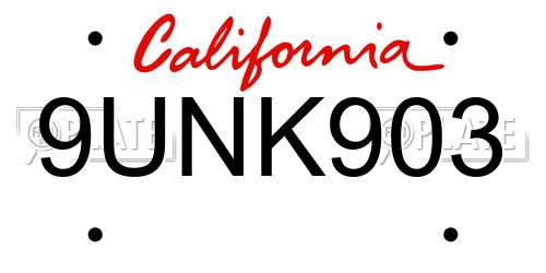 9UNK903 California License Plate