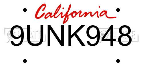 9UNK948 California License Plate