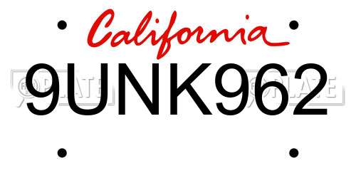 9UNK962 California License Plate
