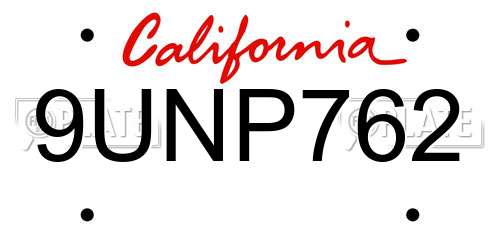 9UNP762 California License Plate