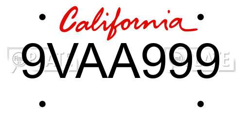 9VAA999 California License Plate