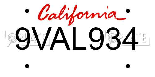 9VAL934 California License Plate