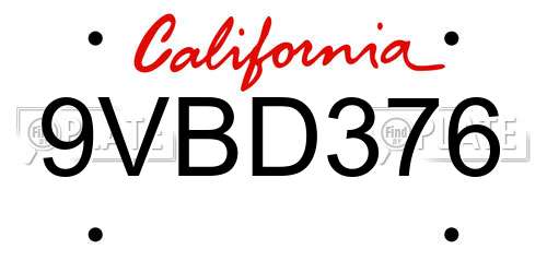 9VBD376 California License Plate