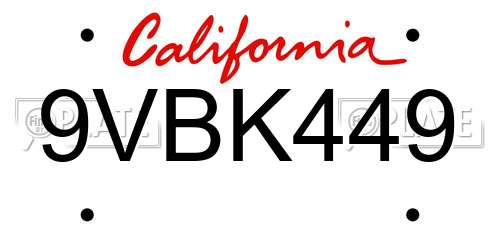 9VBK449 California License Plate