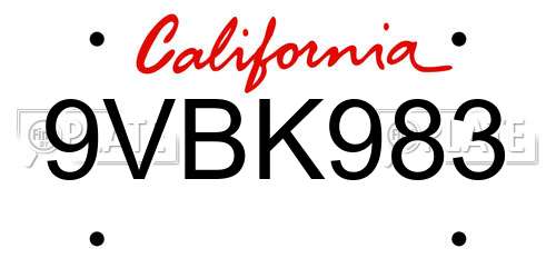 9VBK983 California License Plate