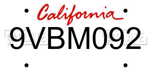 9VBM092 California License Plate