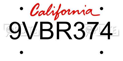 9VBR374 California License Plate
