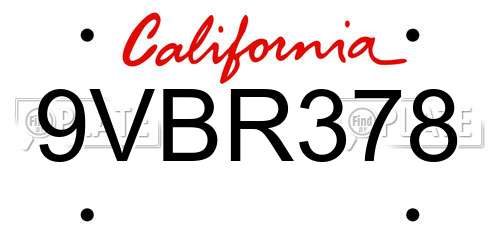 9VBR378 California License Plate
