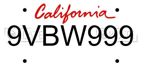 9VBW999 California License Plate