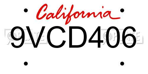 9VCD406 California License Plate